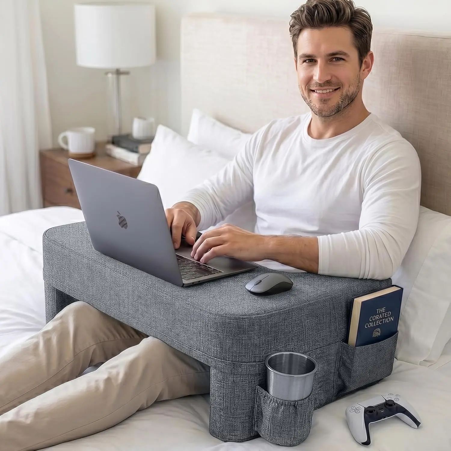 26" Extra Wide Lap Desk Pillow - Gaming Reading Pillow & Laptop Lap Desk w/ Arm Elbow Support for WFH, Bed, Couch, Floor - Fits 13-17" Laptop, Steam Deck,  (Modern Gray, Large)