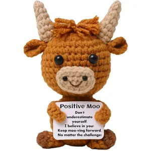 Mini Highland Cow Knitted Wool Toy with Positive Affirmation Card, Cute Crochet Emotional Support Doll, Perfect Cheer Up Gift for Women Students Friends, Adorable Christmas Keepsake & Heartwarming Home Decor to Bring Comfort and Encouragement