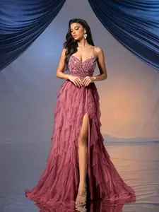 Romantic Dusty Pink Backless Sparkling Sequin Gown for Wedding, Cocktail Party, Charity Galas