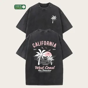 Washed Cotton California Graphic Tee – 230g Soft Vintage Surf Beach Tee with Palm Trees & Retro Print, Loose Fit Summer Casual Shirt for Men Women, Unisex Machine Washable, funny graphic tee, men’s trendy t-shirts, deals, humorous, 90s, streetwear