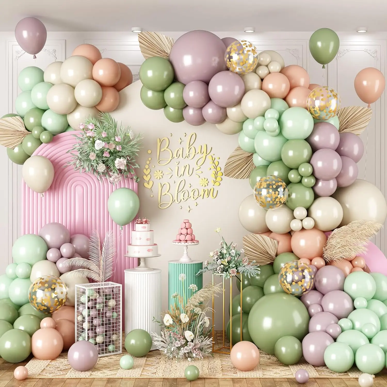 163PCS Pink & Sage Green Balloon Arch Kit Baby in Bloom Baby Shower & Gender Reveal Party Decor