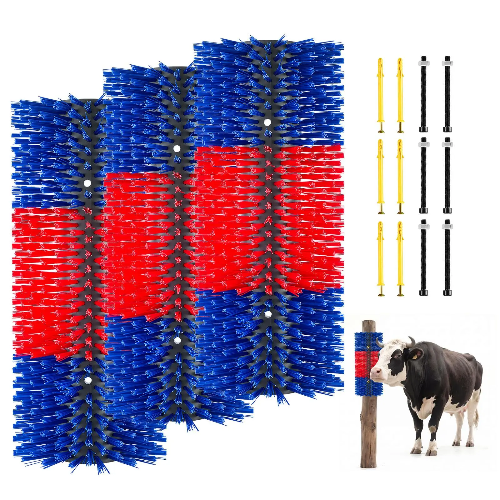 【SummerFinds】VEVOR Livestock Scratching Brush, 3PCS Goat Scratcher Brush Post with 12 Screws, 16.9" x 7.5" Cow Scratcher for Back Itch Relief, Massage Grooming Scratch Tool for Horse Cattle Sheep Pig, Blue & Red