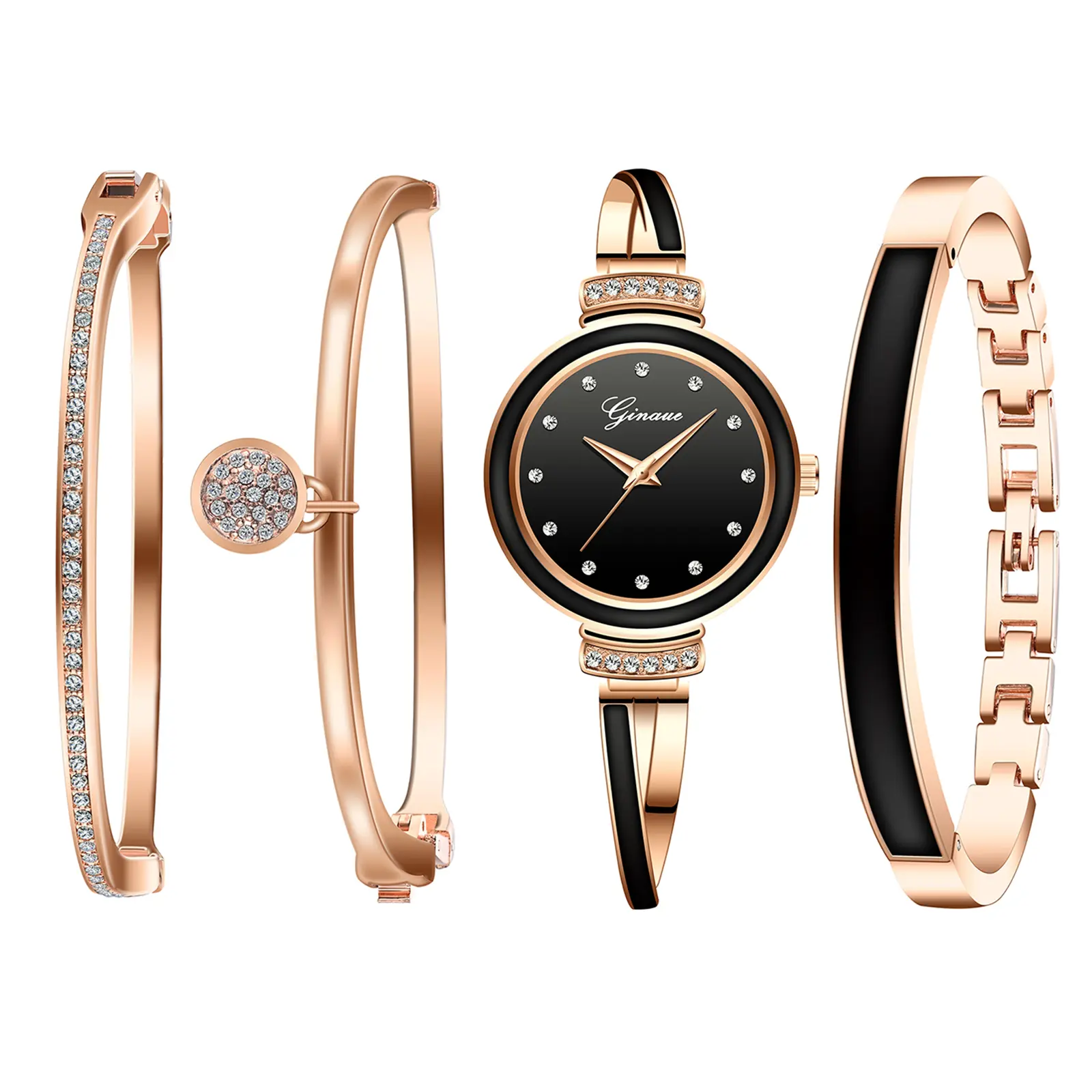 OIDEA Women's 4-Piece Watch and Bracelet Set - Rhinestone Diamond Number Dial Bangle, Bling Diamond-Stoned Jeweled Quartz Accessory for Summer, Bling Quartz Watches, Diamond-Stoned Quartz Watches