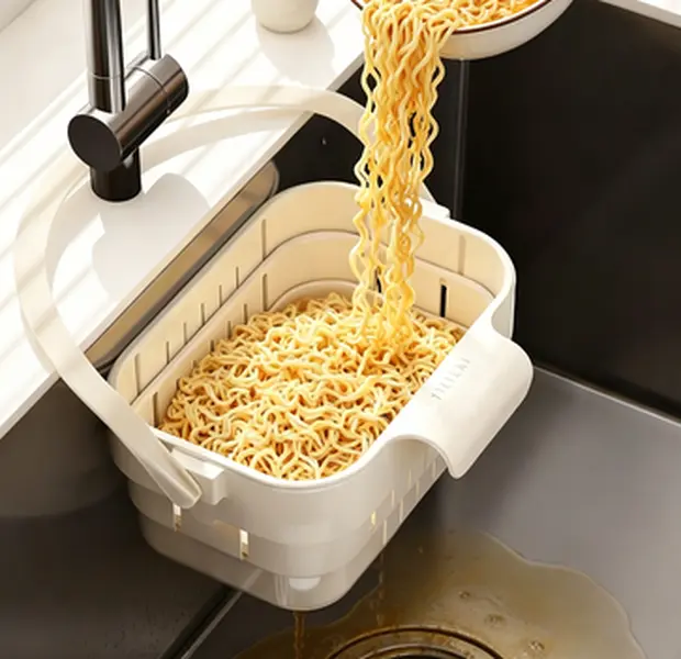 Lazy Kitchen Must-Have Foldable Hanging Sink Drain Basket Hands-Free Hygienic Anti-Clog Food Strainer No Mess Food Waste Disposal Detachable Tool-Free Install Space-Saving Easy Clean Kitchen Sink Drainer