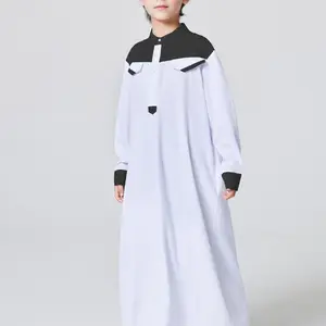 Boy's Button Front Fake Pocket Thobe, Modest Colorblock Long Sleeve Jubba, Kids Clothing for Daily Wear