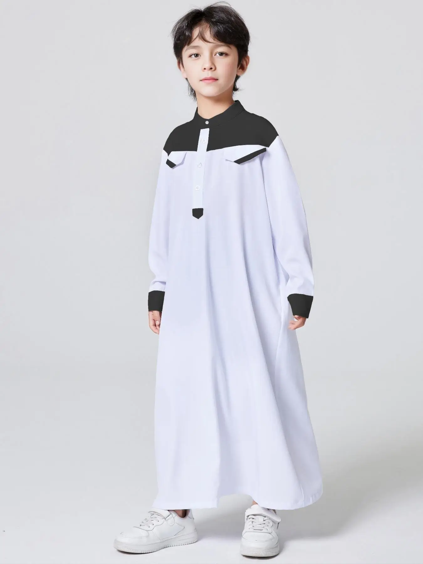 Boy's Button Front Fake Pocket Thobe, Modest Colorblock Long Sleeve Jubba, Kids Clothing for Daily Wear