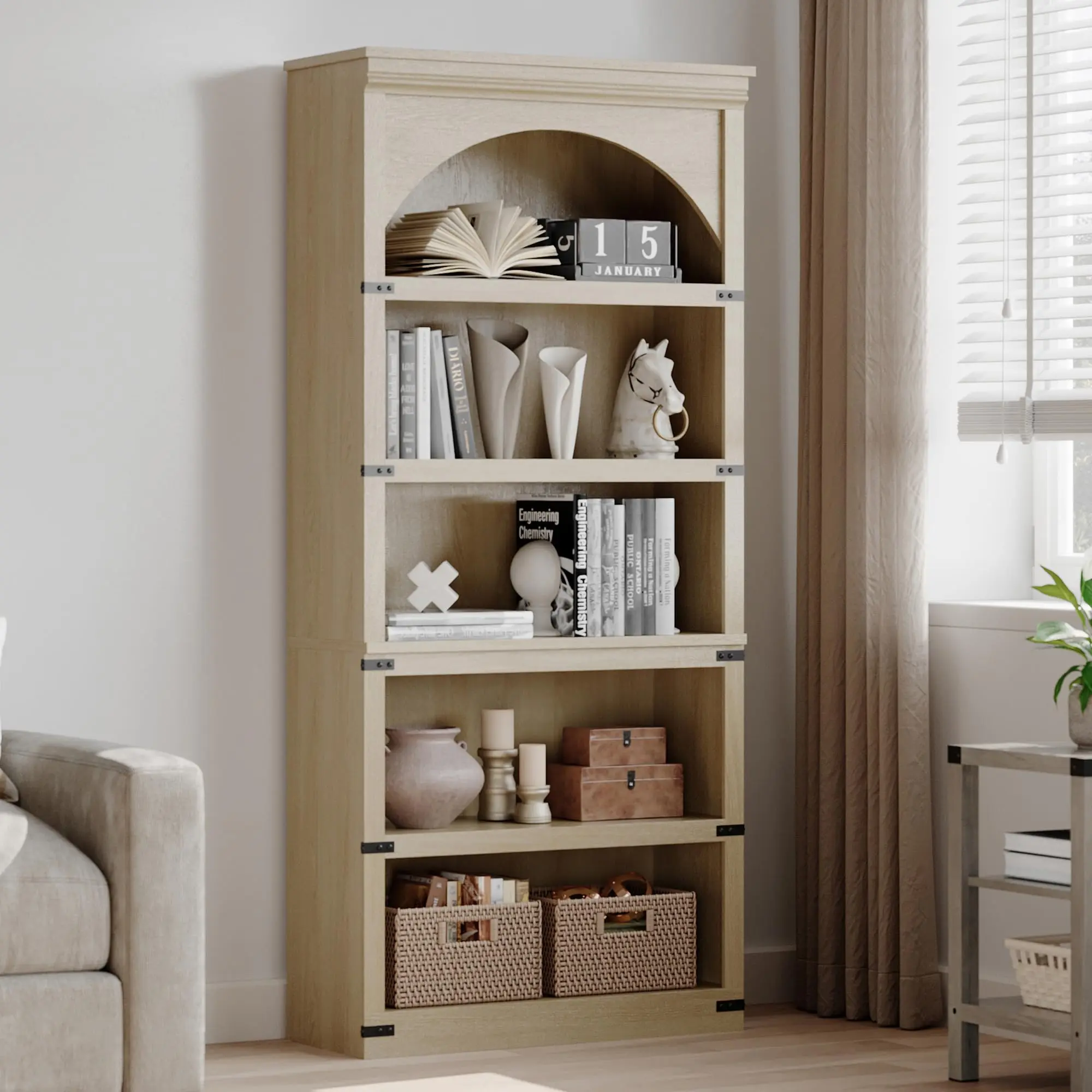 69" Tall Rustic Natural Oak Farmhouse Arched Bookshelf - 5-Tier Durable Waterproof Density Board Bookcase with Base, Home Library Storage Solution for Living Room, Office Shelf Styling & Washable Decor
