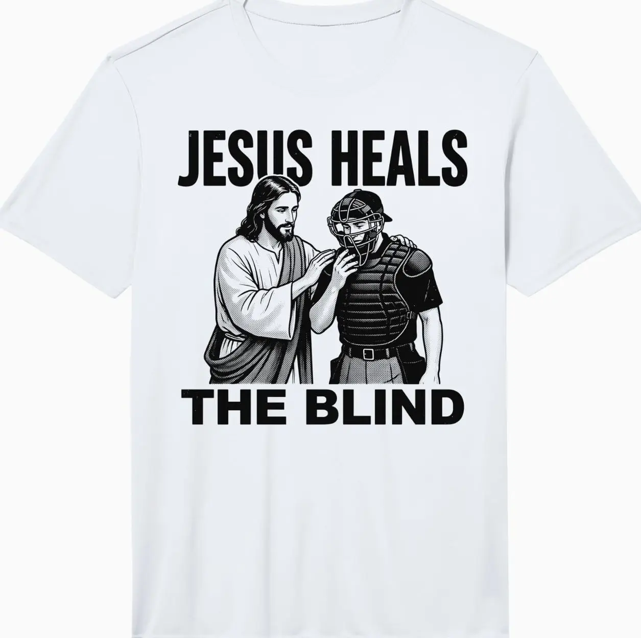 Men's Classic Casual Cotton Short-Sleeve Jesus Heals The Blind Funny Umpire Performance T-Shirt for Baseball, Softball Tops ARG