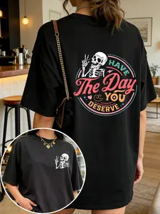Women's Loose Fit Comfortable Everyday Round Neck Drop Shoulder Short Sleeve, Inspirational Motivational Skeleton Design, Positive Pattern Shirt