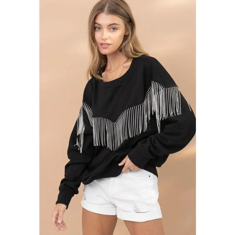 WILLOW RHINESTONE FRINGE SWEATSHIRT