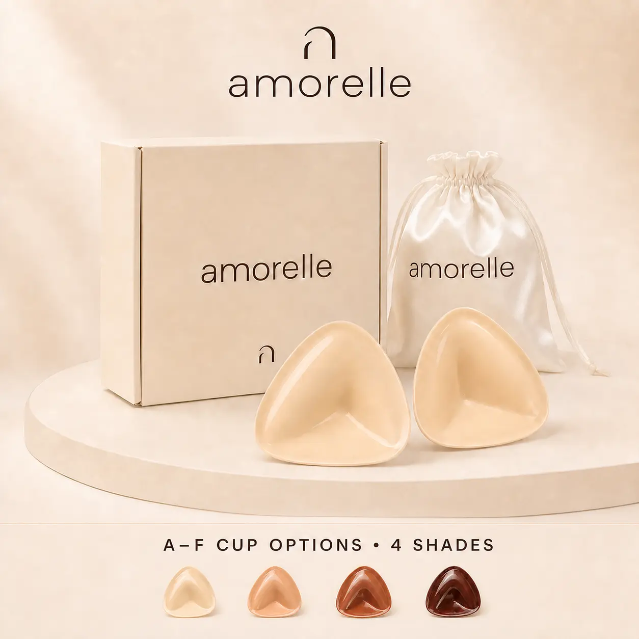 Amorelle Sticky Bra Inserts for Backless Dresses, Push-Up Silicone Adhesive Bra Pads, Washable & Reusable, A–F Cup Options, 4 Shades