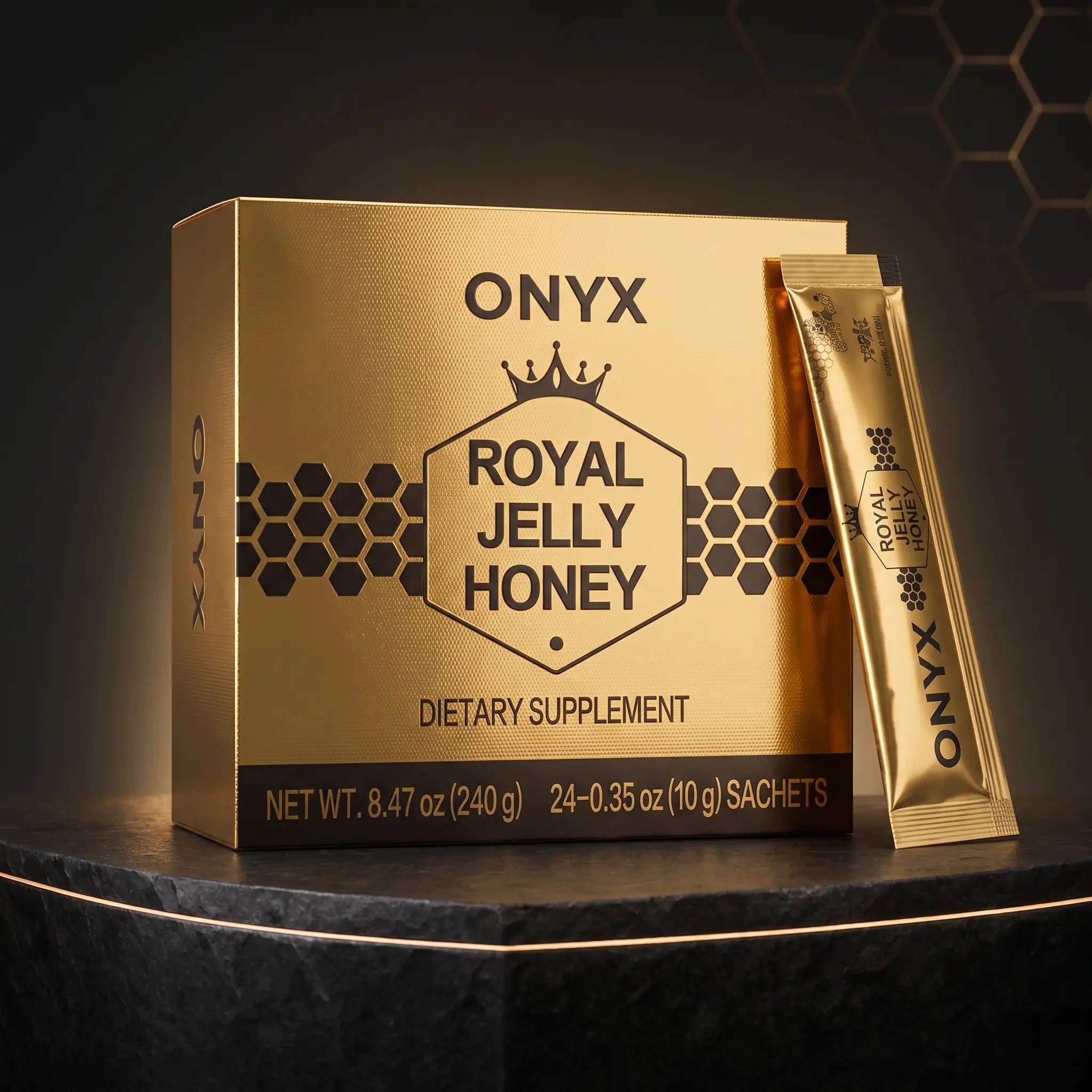 ONYX Honey — Gold Edition — Premium Honey Sticks with Royal Jelly & Panax Ginseng for Natural Energy, Focus & Vitality — Available in 3, 6, 12 & 24 Sachet Packs Supplement