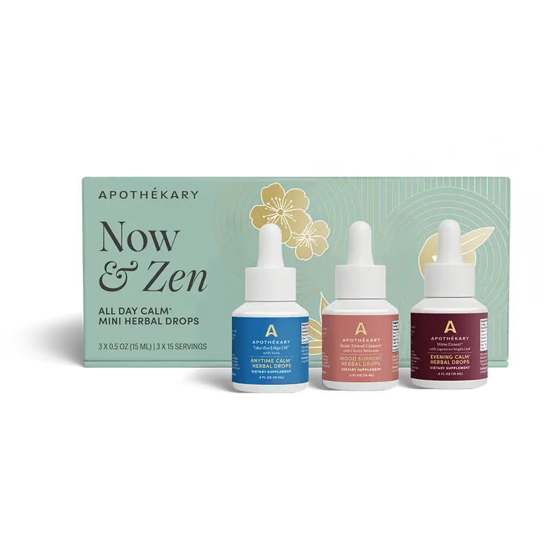 Apothékary Now & Zen Herbal Mini Drop Set - Non-Alcoholic Wine Alternative Liquid Herbal Drops | Antioxidant Rich, Alcohol-Free, Clinically-Tested, Certified Gluten-Free, PETA Certified Vegan & Cruelty-Free, Third Party Tested, Plant-Based