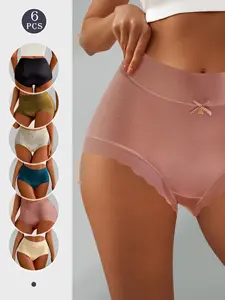 QUASTI 6pcs High-Waisted Ladies Luxe Ice Silky Briefs with Bowtie, High Elasticity Ultra-Soft Smooth Underwear for Womenswear, Solid Breathable Lightweight Briefs Set for Womens Dailywear, S-XXL