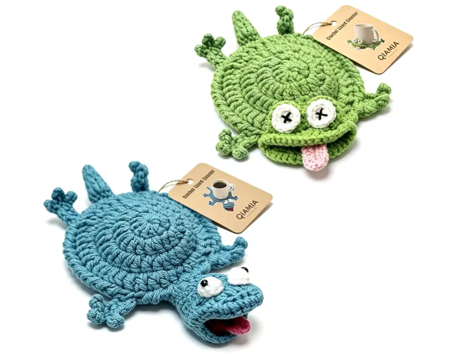 Handmade 3D Amigurumi Funny Crochet Lizard Coaster, Cute Tableware Drink Mat for Coffee Table Home Decor, Blue+Green Housewarming Gift