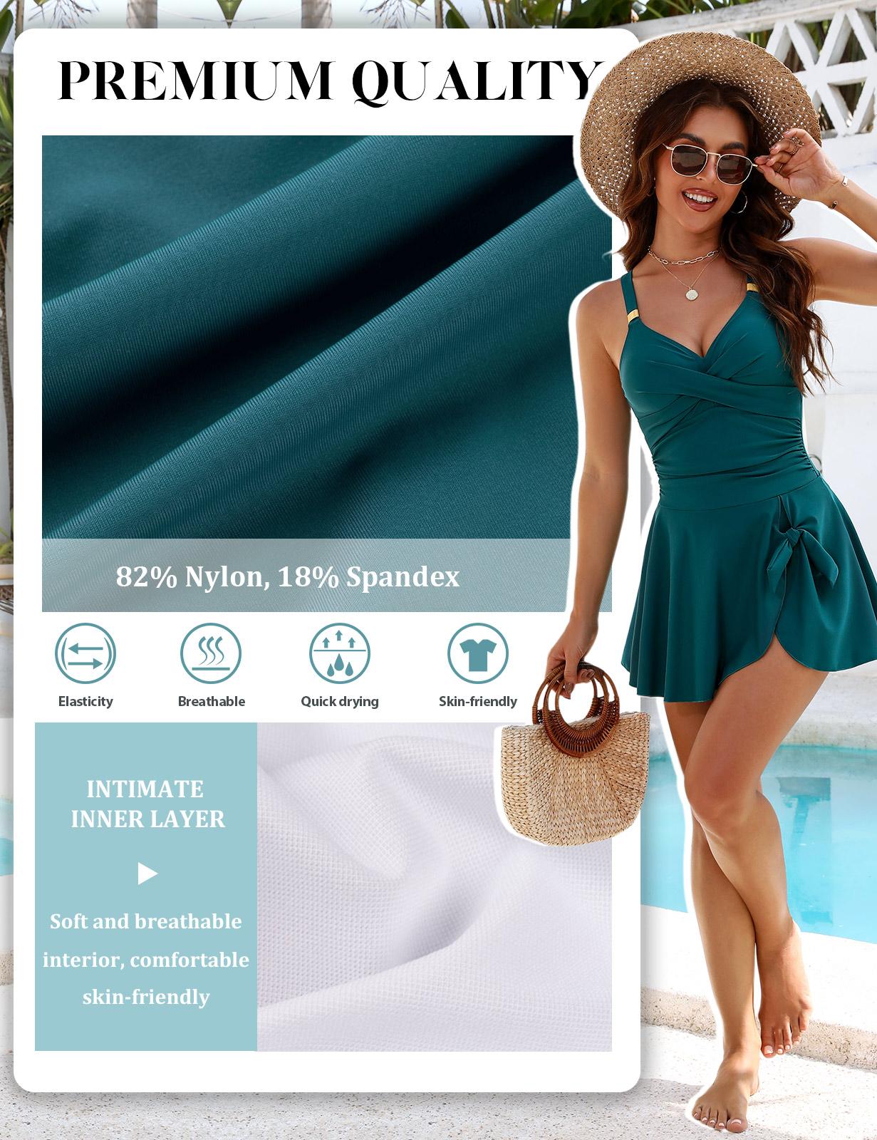 Womens Tummy Control Swimwear One Piece Skirted Swimsuit V Neck Adjustable Shoulder Straps Swimming Dress