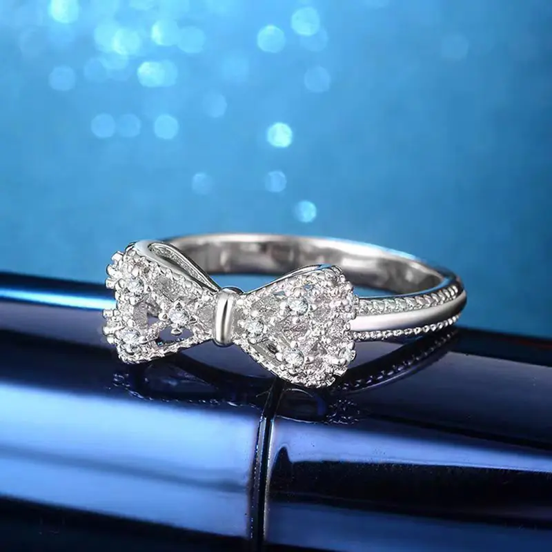 Women's Round Bow Cubic Zirconia Ring, Elegant Fashion Promise Ring, Sizes 6-10, Anniversary Christmas Ring Gift for Women