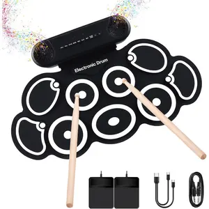 G7  Drum Set, 9 Pads Roll-up Drum Practice Pad with Drum Pedals & Sticks, Built-in Dual Speaker with Headphone Jack,  & AUX,  Christmas & Birthday  (Black)