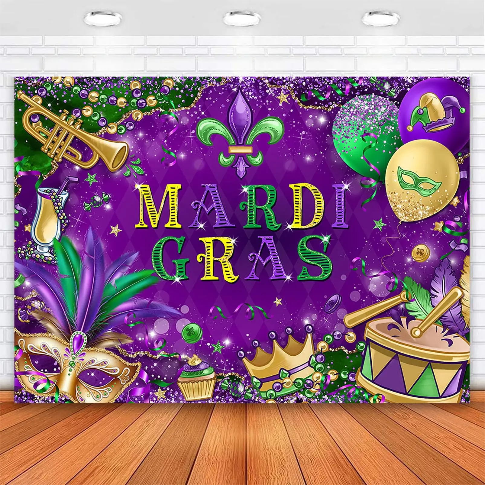 2D Flat Banner 1pc, Mardi Gras Backdrop, Carnival Party Decorations, Mask, Masquerade Theme, Photography Background