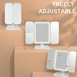 LumeLuxe 15.7-Inch Portable Tri-Fold Lighted Vanity Mirror - 65 LED Lights, 3X/5X Magnification, Rechargeable, 3 Light Modes, Adjustable Tilt