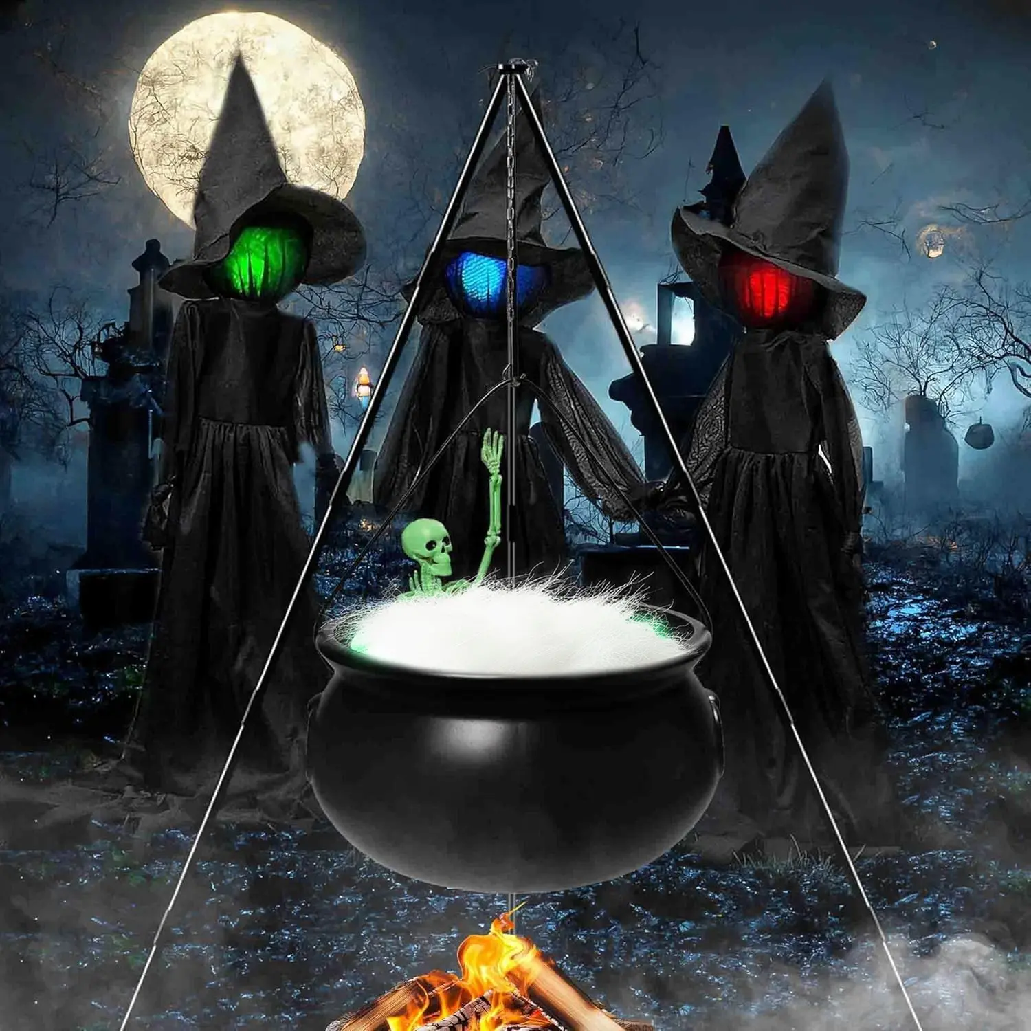 Halloween Party Witch Cauldron Decoration Set, Spooky Foam Magic Kit for Garden Lawn Indoor Dn Decor, Metal Shelf & Skull Stand, Plastic Pot