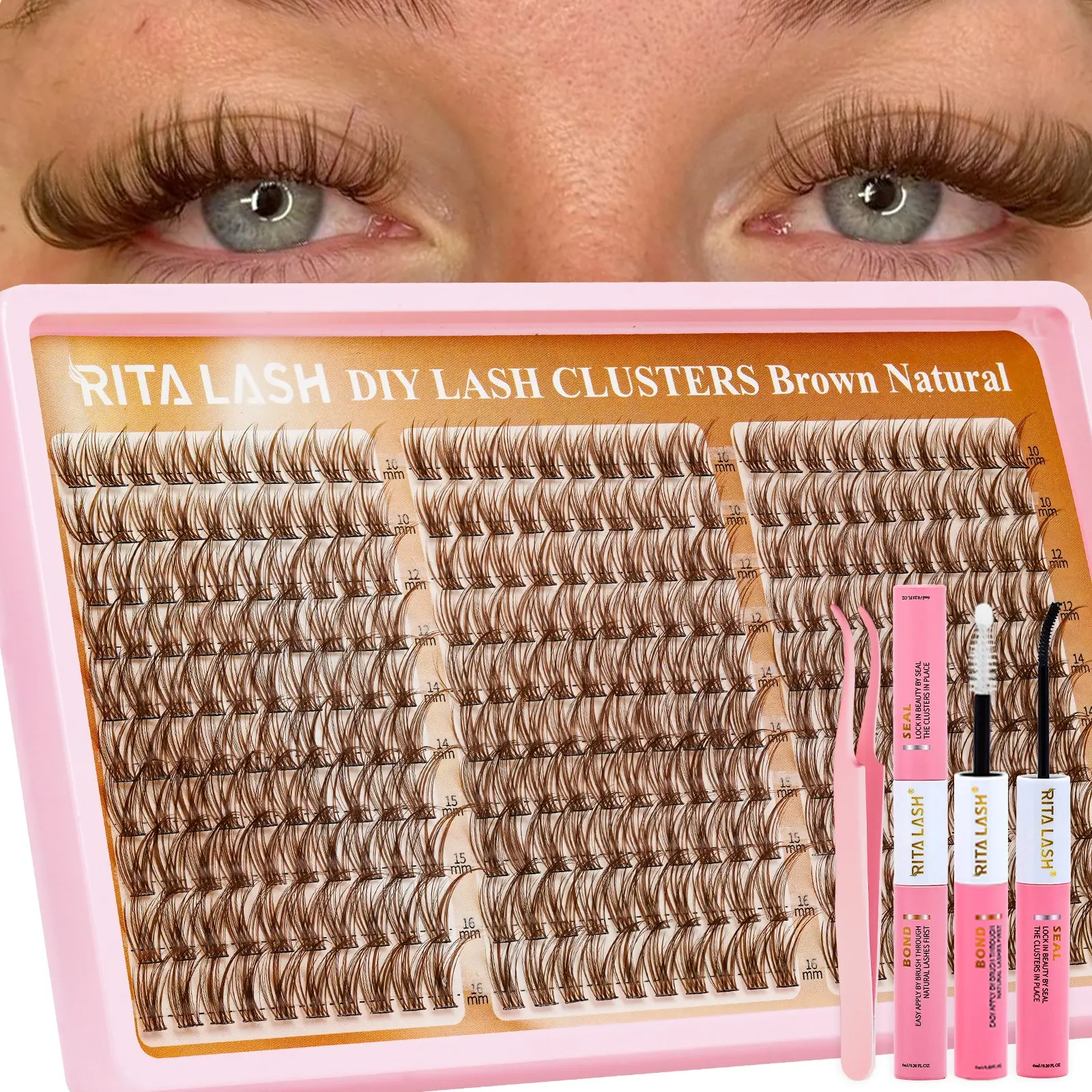 RITALASH 300PCS Brown Lash Clusters Kit, Longer Looking Eyelashes, Natural Wispy Eyelash Cluster Extensions Individual Lashes, Cluster False Eyelashes For DIY Waterproof & Long-Lasting (Light Brown10-16mm) Wispy Volume Set