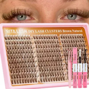 RITALASH 300PCS Brown Lash Clusters Kit Natural Wispy Lashes Cluster Eyelash Cluster Extensions Kit Individual Lashes Extensions Kit For DIY Eyelash Extension Glue Waterproof & Long - Lasting (Light Brown10-16mm)