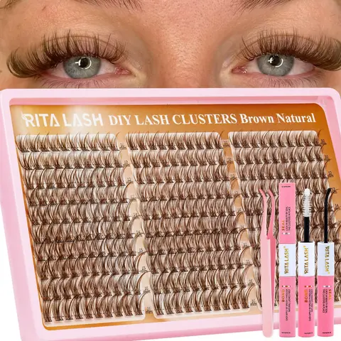 RITALASH 300PCS Brown Lash Clusters Kit Cosmetic False Lashes Natural Wispy Lashes Cluster Eyelash Cluster Extensions Kit Individual Lashes Extensions Kit For DIY Eyelash Extension Glue Waterproof & Long - Lasting Eyelashes Extension (Light Brown10-16mm)