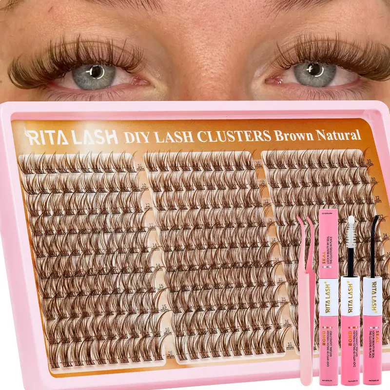 RITALASH 300PCS Brown Lash Clusters Kit Cosmetic False Lashes Natural Wispy Lashes Cluster Eyelash Cluster Extensions Kit Individual Lashes Extensions Kit For DIY Eyelash Extension Glue Waterproof & Long - Lasting Eyelashes Extension (Light Brown10-16mm)