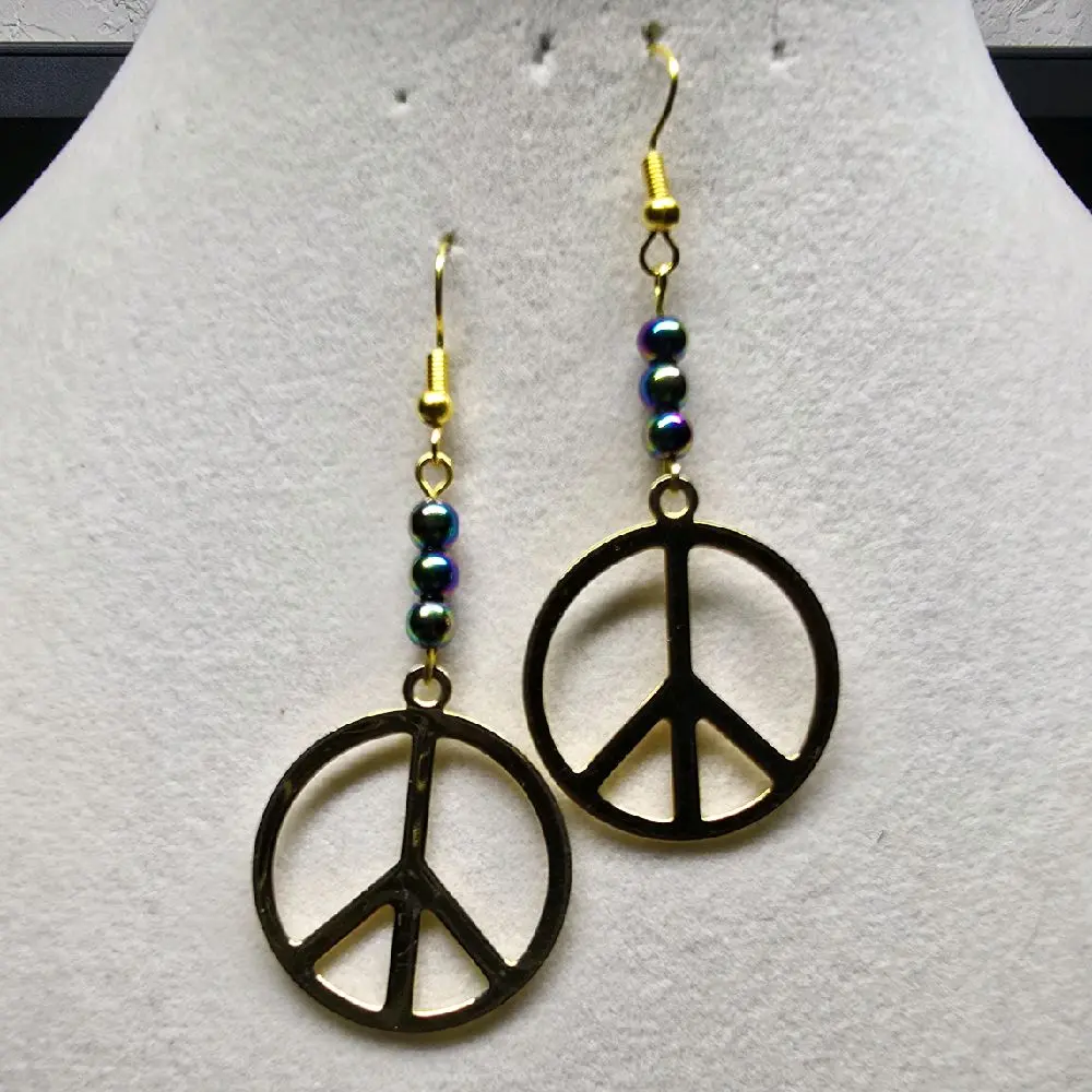 Vintage Gold Peace Sign Earrings with Rainbow Hematite Beads for Boho Style