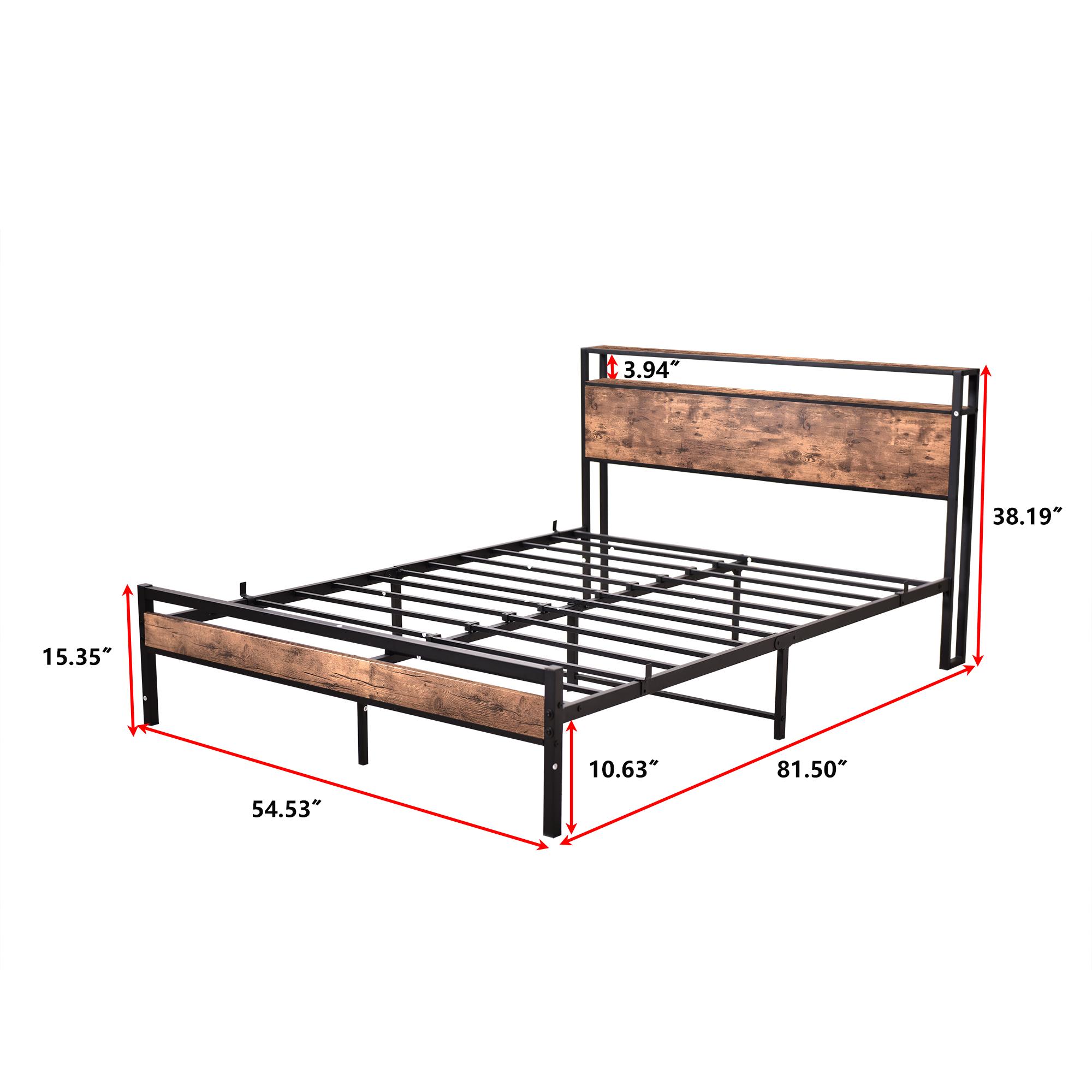 Different Size Metal Platform Bed Frame with Wooden Headboard and Footboard. Features robust metal slat support, no box spring required, delivering exceptional stability and a streamlined, modern aesthetic for your bedroom.