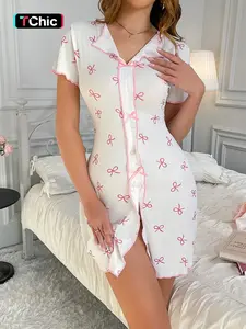 Spring Summer Home Shirt Dress for Women, Short Sleeve V Neck Nightgown Bow Print, Sweet Butterfly Knot Design, Comfortable Sleepwear