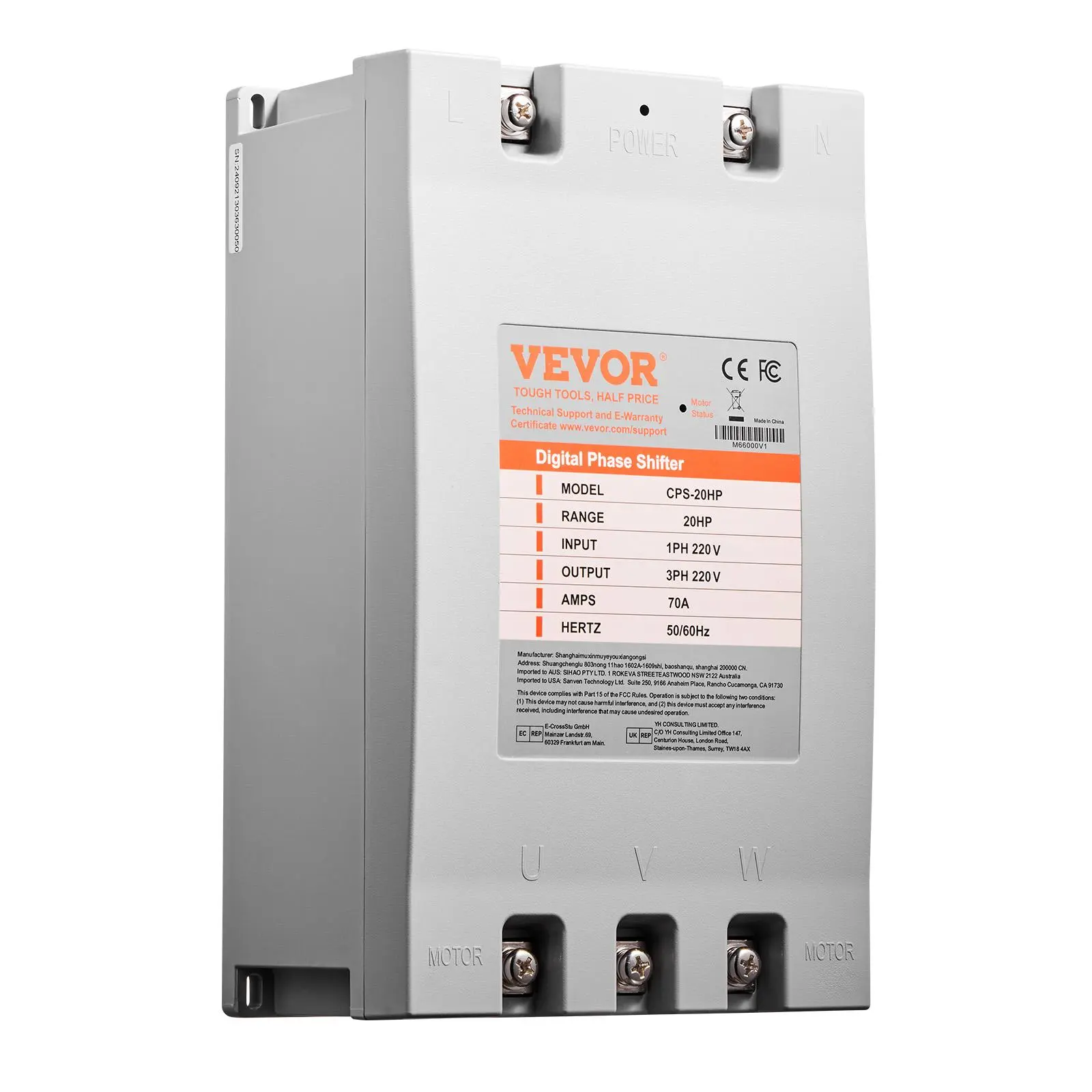 VEVOR 20HP Rating Single-to-3-Phase Converter, 70A 220V Input/Output Digital Phase Shifter, Easy Install for Residential & Light Commercial Use (1 Converter for 1 Motor Only)