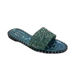 Women's Js122 Open Toe Elegant Glitter Strapy Flat Sandals - Diamond Strap, Decorative Buckle, Black & Purple Straps, Beirut Diamonds, Summer Casual Footwear, Glitter Sandal, Strapy Sandals