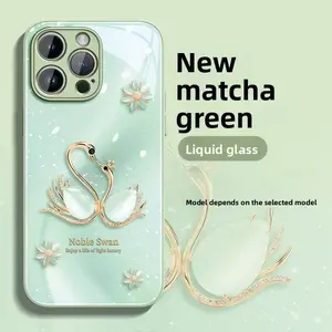 New Matcha Green Liquid Glass Smartphone Protector Casing, iPhone 14/15 Series Devices Cover with 3D Swan Jewel & Daisy Decor, Cute Luxury Aesthetic Shockproof Protection Accessories for Sports & Outdoor Fan Shop Premier League Enthusiasts