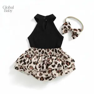 Global Baby leopard leopard jumper Baby Clothes Newborn Baby Clothes Girl 3Pcs Summer Outfits, Sleeveless Halter Tops + Ruffle Shorts + Headband Set