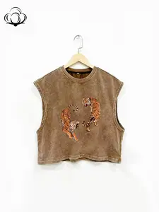 Men Women Cotton Breathable Sleeveless Vest Top, Loose Fit Round Neck Design, Fashionable Tiger Print Street Style Tee, Loose Tank Top, All-Season Wear