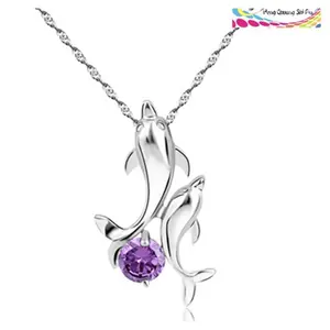 Sterling Silver Amethyst Dolphin Cubic Zirconia Pendant Necklace 18" Chain Gift