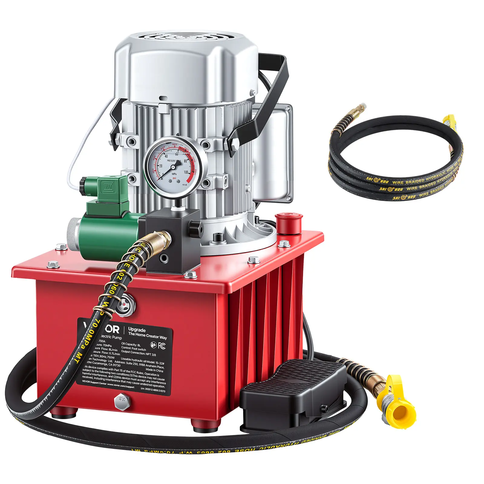 VEVOR 750W 10000 PSI Electric Hydraulic Pump Power Pack Unit, 120V Single Acting with Solenoid Valve & Pedal Switch for Hands Free Control, 2.1 Gal/8L, 8 L/min Flow, 8.2 ft Reach, NPT Port, High-Efficiency Lifting for Industrial Cutting Jobs