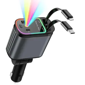 Quad Port Fast Charging Car Adapter,Retractable Car Charger,Super Fast Car Charger,Car Charger with Starlight, Four-in-One Super Fast Upgraded Telescopic Car Charger,Four In One Comes With Iphone Cable And Type-C, led 4-in-1 car charger