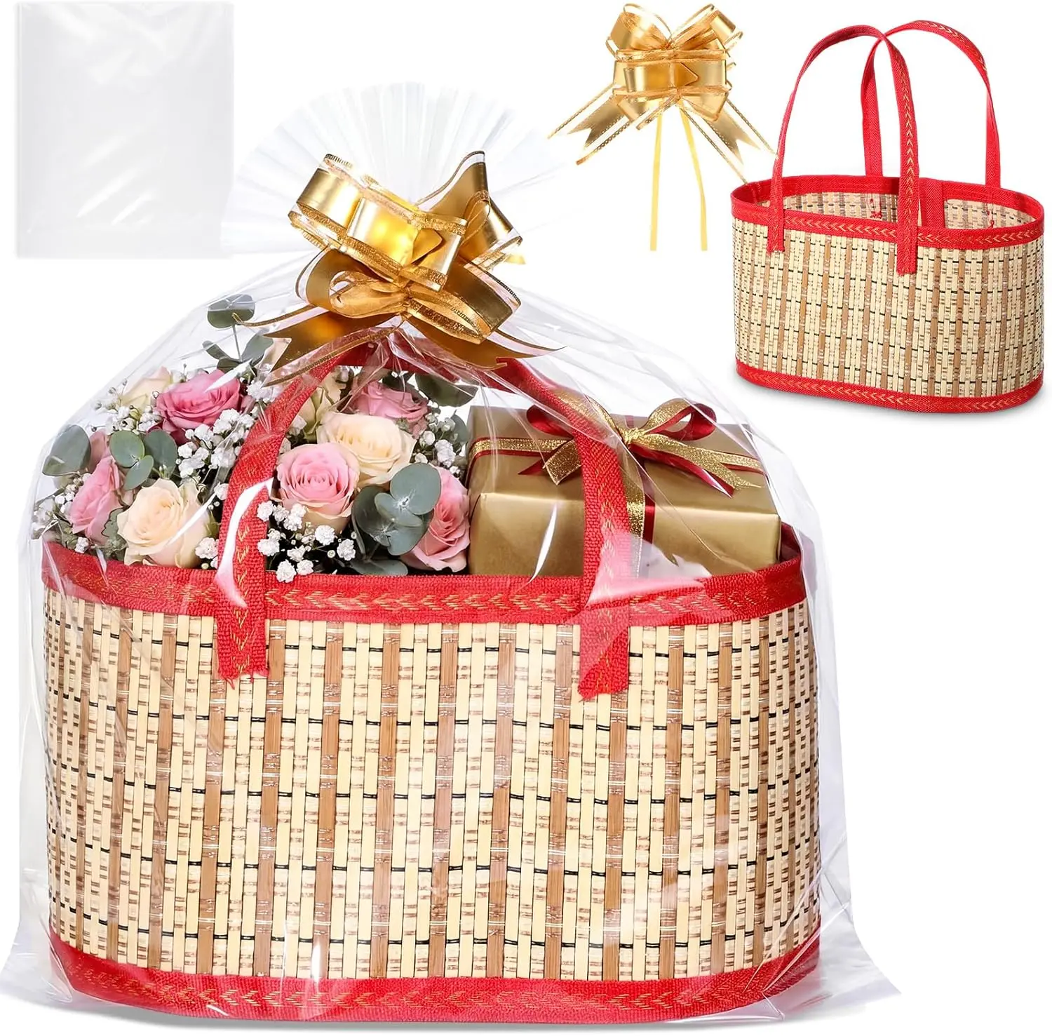 Mother’s Day Gift Basket Set – 12 Inch Elegant Bamboo Woven Empty Basket with Handle, DIY Fillable Gift Hamper, Foldable Design with  Wrap & Pull Bows – Perfect for Mother’s Day, Birthday & Special Occasions