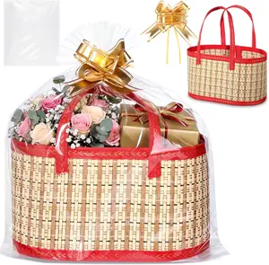 Mother’s Day Gift Basket Set – 12 Inch Elegant Bamboo Woven Empty Basket with Handle, DIY Fillable Gift Hamper, Foldable Design with  Wrap & Pull Bows – Perfect for Mother’s Day, Birthday & Special Occasions