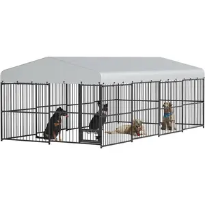 Outdoor Dog Kennel, Large Dog Enclosures with Waterproof Cover, Feeding Doors, Large Dog Kennel Outdoor for Garden Backyard 10×20×6FT