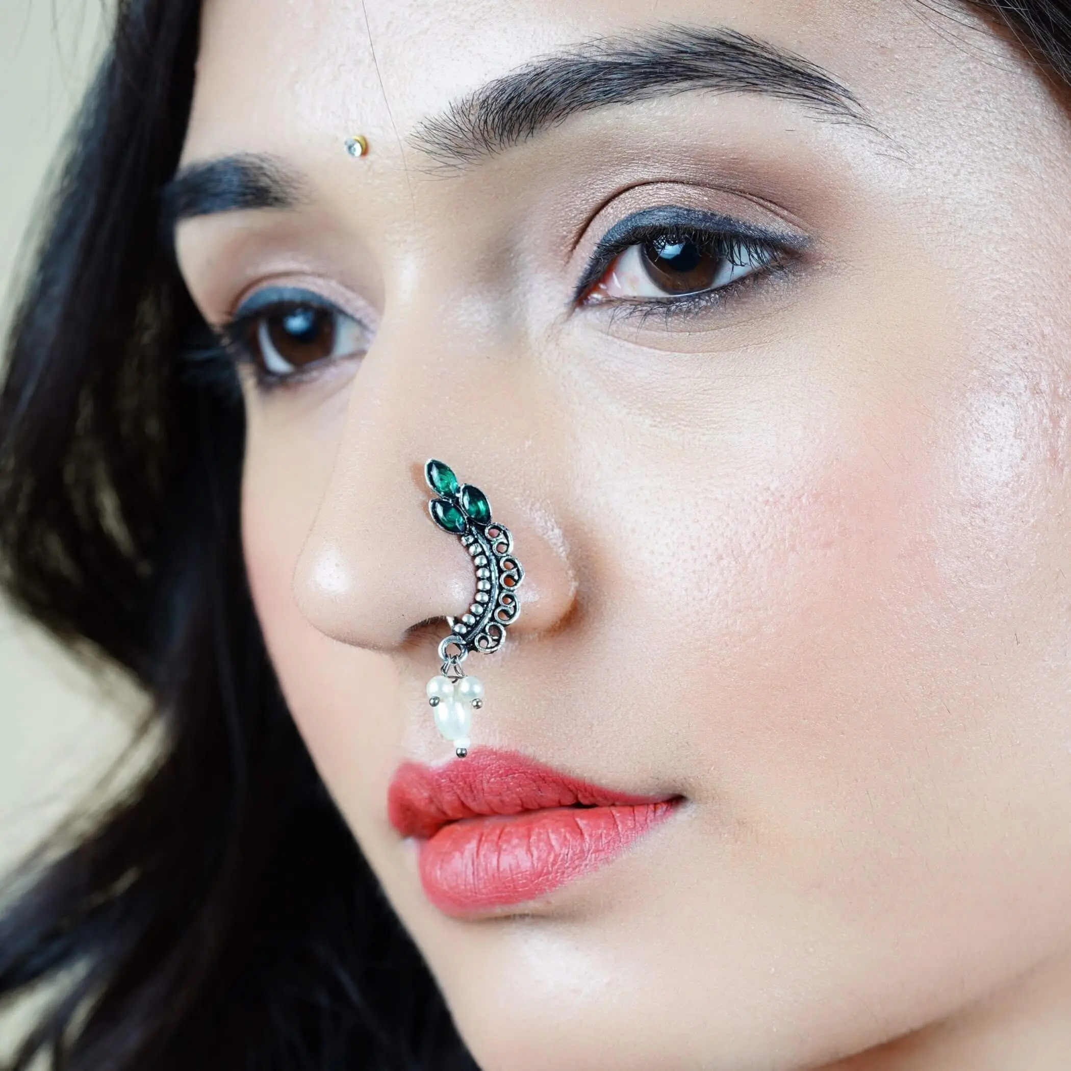 Elegant Clip-On Marathi Nath | Pearl Oxidized Nose Ring | Perfect Bridal, Bollywood, and Special Occasions | Non-Piercing, Timeless Accessory