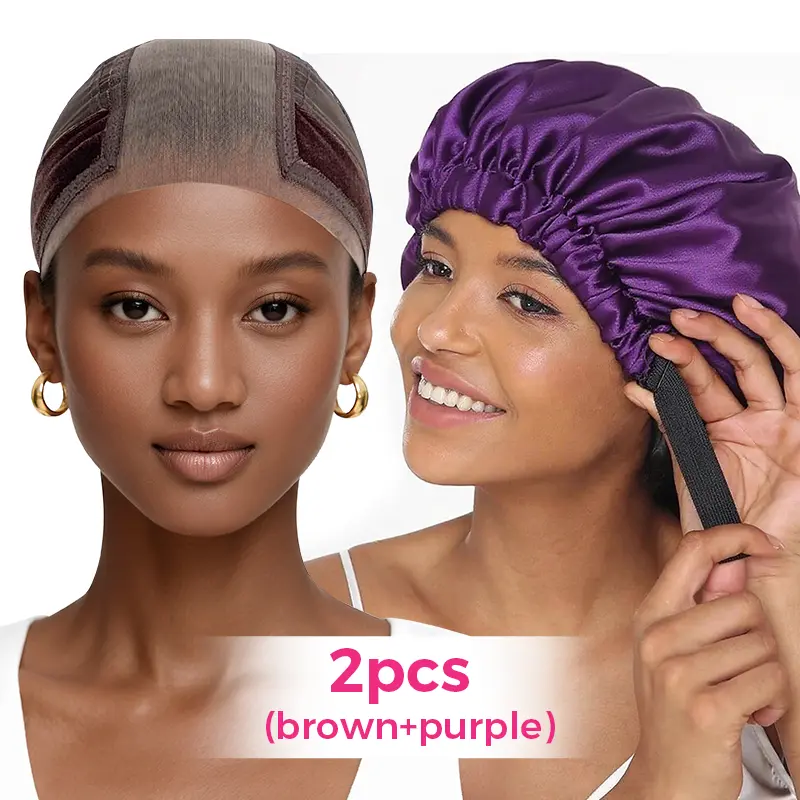 Wig Cap(Brown)&Silk bonnet(Purple)