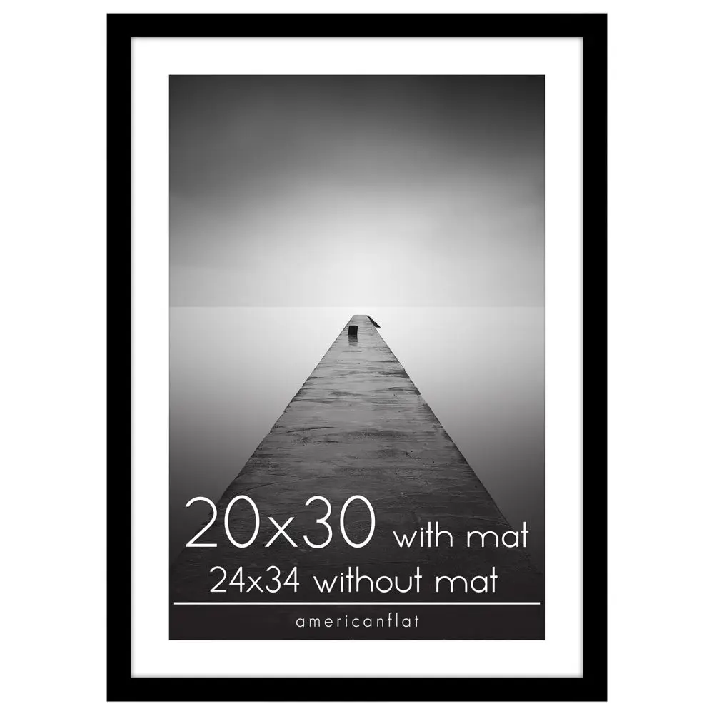 Americanflat Black MDF Photo Frame with Border, Plexiglass Cover, Hanging Feature – 20x30 in with Mat or 24x34 in Without Mat for Home Decor