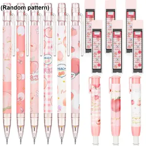 15 piece cute mechanical pencil set, equipped with a 0.5mm lead, suitable for teenage students as an ideal study item - peach themed design, perfect for school start gift