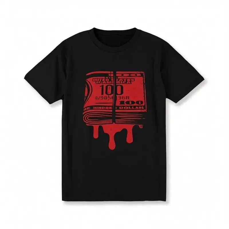 Men'S 100% Cotton Graphic T-Shirt - Bold Dollar Bill & Blood Design, Black With Red Print, Casual Fit, Short Sleeve, Round Neck, Machine Washable, Adult Clothing |   Bold Graphic Tee |