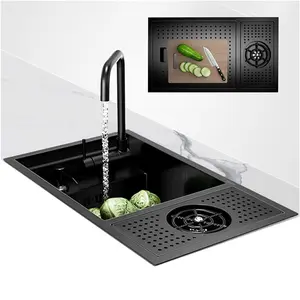 22 Inch Nano Black Hidden Mini Bar Cafe RV Balcony Sink with Up and Down Faucet Glass Rinser Set for Efficient Kitchen Use