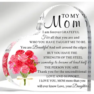 Mom Birthday Gift from Daughter Son 6 Inch to My Mom Heart Shaped Acrylic Sign Appreciation Plaque with Carnation Flower for Mother's Day